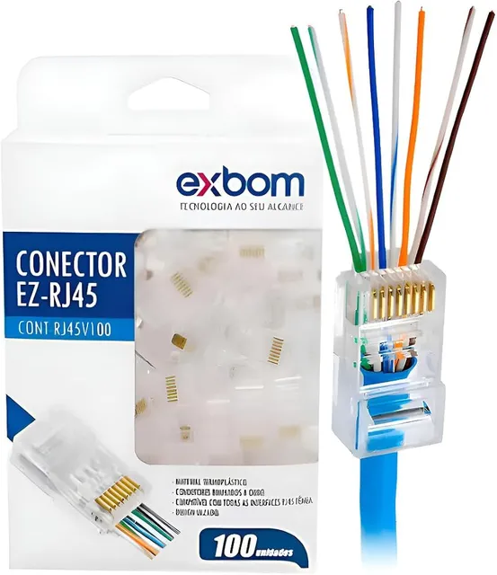 Conector RJ45 vazado pass-through Cat5e e Cat6, kit com 100 unidades