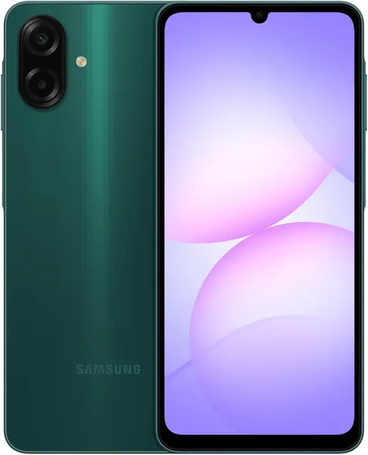 Celular Samsung Galaxy A07 na cor verde, frente e verso
