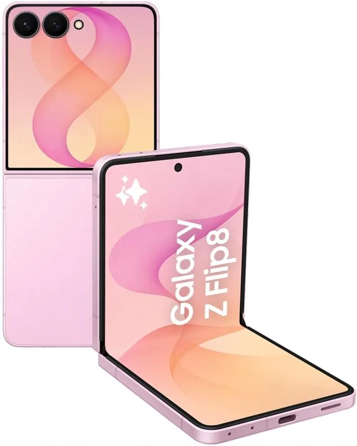 Samsung Galaxy Z Flip8 rosa, meio aberto, mostrando a tela externa e a interna