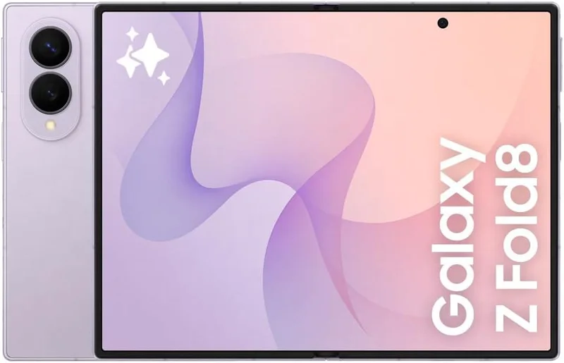 Samsung Galaxy Z Fold8 lavanda, com a tela interna aberta e as câmeras traseiras à mostra