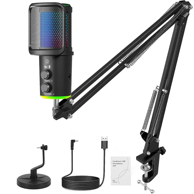 Microfone Condensador USB RGB com Braço Articulado
