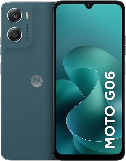 Celular Motorola Moto g06 na cor azul, frente e verso